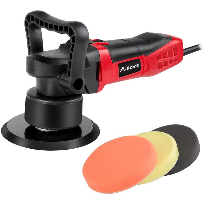 A rotary polisher is shown, with a handle and an attachment pad. Three polishing pads in orange, yellow, and black are placed nearby.