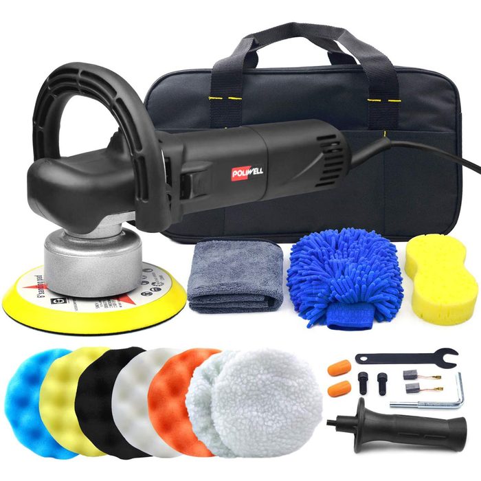 A polishing machine sits on a yellow pad with various cleaning cloths and attachments. It’s surrounded by a carrying case and additional tools for maintenance.