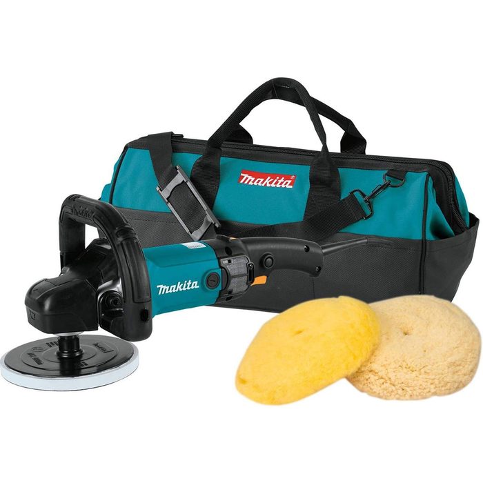 A polisher tool rests beside two polishing pads and a carrying bag, suggesting preparation for automotive detailing or surface finishing tasks.