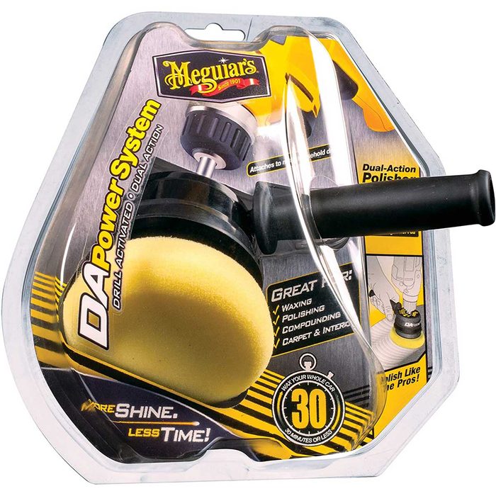A dual-action polisher with a yellow foam pad is displayed inside its packaging, designed for easy attachment to a drill for waxing and polishing tasks.