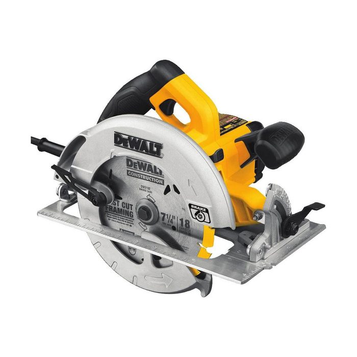 A circular saw cuts wood, featuring a silver blade and yellow handle. It's designed for construction tasks, emphasizing efficiency and precision in carpentry work.