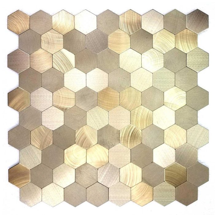 Hexagonal tiles create a textured pattern, showcasing various shades of gold and silver in a consistent grid, emphasizing a modern design aesthetic.