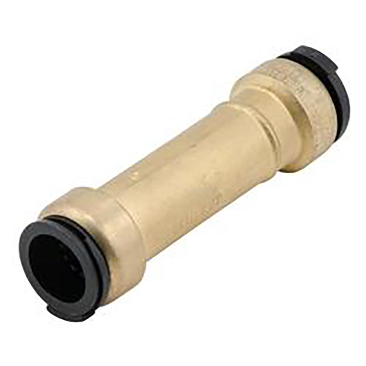 A brass pipe fitting connects two sections of pipe, featuring rubber gaskets on each end, designed for plumbing applications in various environments.