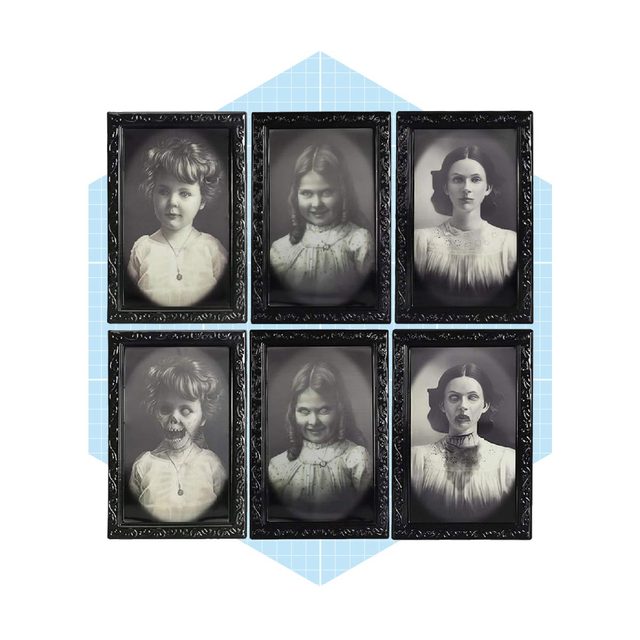 Six framed black-and-white portraits of girls display various expressions, including one with a skeletal appearance, arranged in a grid against a light blue background.