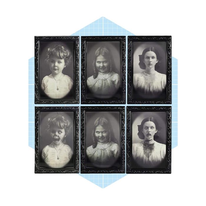 Six framed black-and-white portraits of girls display various expressions, including one with a skeletal appearance, arranged in a grid against a light blue background.