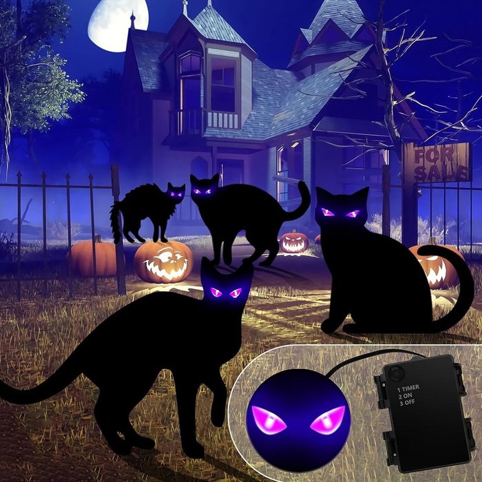 Several black cats with glowing purple eyes stand near carved pumpkins in a foggy yard, with a spooky house and a 