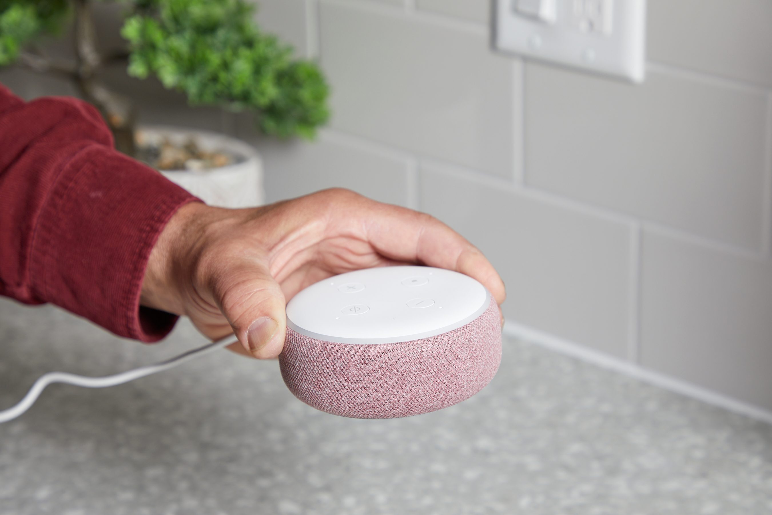 A hand holds a pink smart speaker, which has a white control surface. The background features a countertop and a plant.