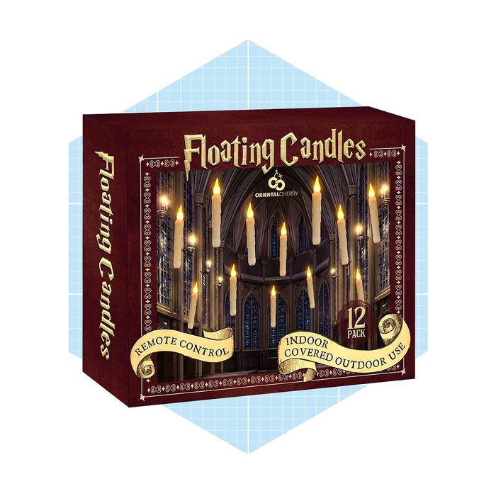 A box of floating candles, featuring remote control for indoor/outdoor use, displayed against a softly patterned background. The design evokes a magical ambiance.