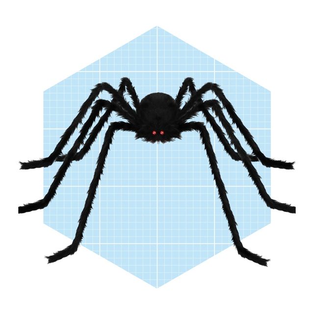 A large, fluffy black spider with red eyes sits centered on a light blue grid background, showcasing its extended legs in a symmetrical pose.