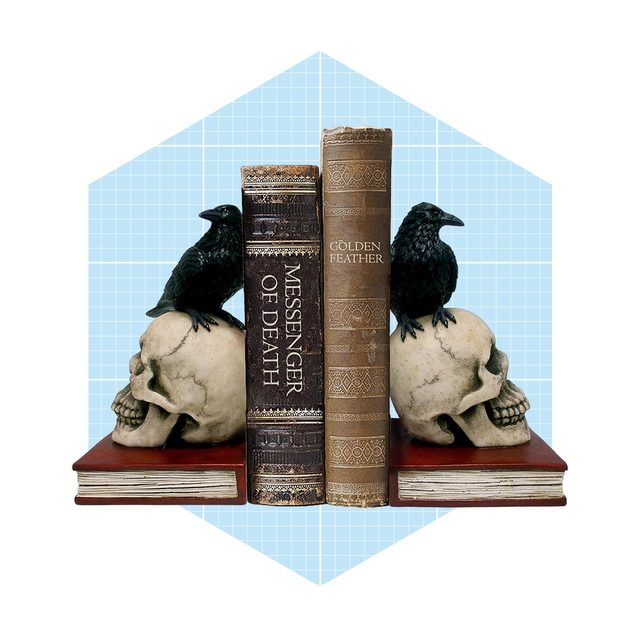 Two skulls support a stack of books with raven figures perched on top, set against a hexagonal, light blue grid background.