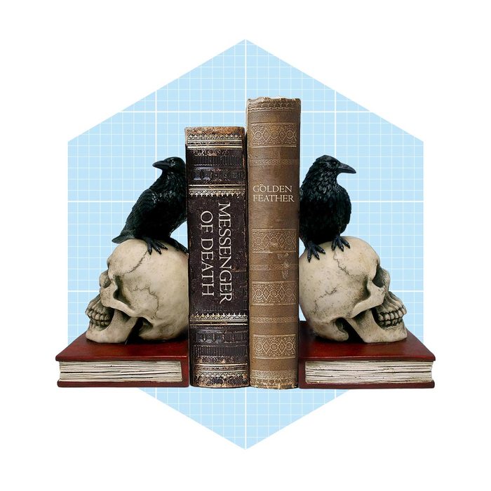 Two skulls support a stack of books with raven figures perched on top, set against a hexagonal, light blue grid background.