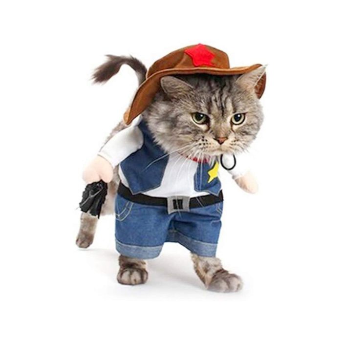 A dressed cat, wearing a sheriff outfit and hat, walks confidently while holding a toy gun, set against a plain white background.