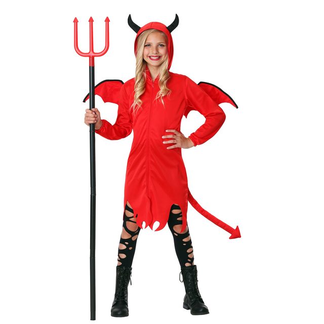 A girl in a red devil costume poses confidently, holding a pitchfork. Her outfit includes horns, wings, and black ripped leggings, set against a plain background.