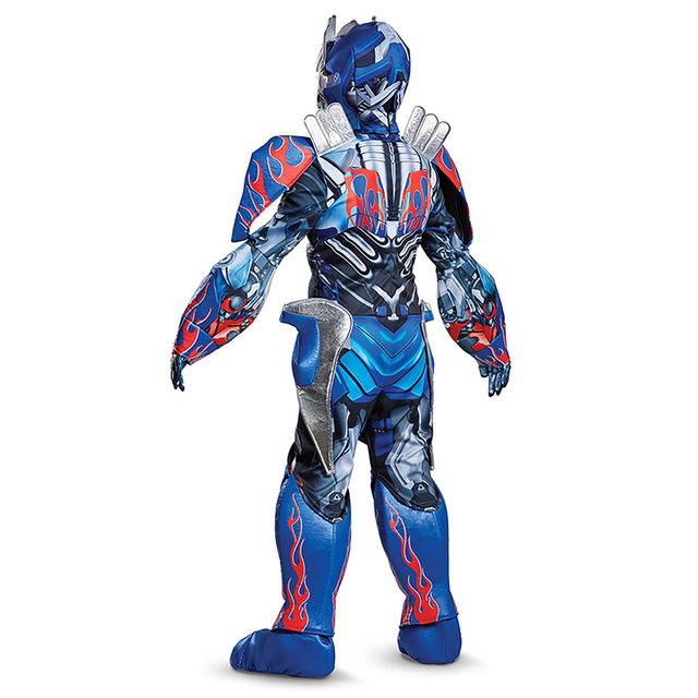 A blue and red robot costume stands upright, arms slightly raised, against a plain background, resembling a character from an animated series.