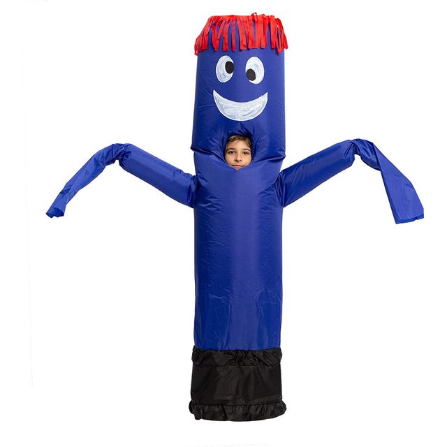 A child is wearing a blue tube costume with arms, a smiling face, and red fringes, appearing playful and whimsical in a neutral background.