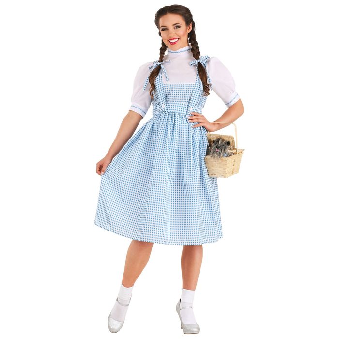 A girl in a blue gingham dress poses cheerfully, holding a basket with small stuffed animals, against a plain white background.