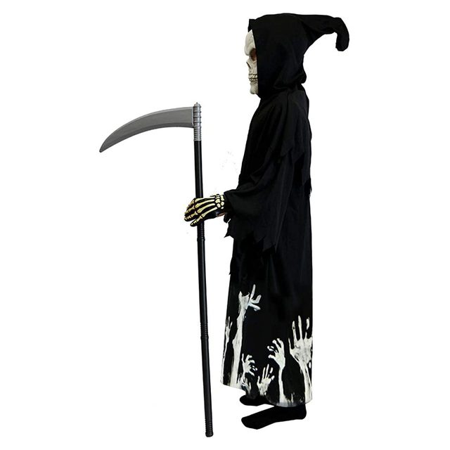A skeleton figure in a black, tattered robe holds a scythe. The base features white skeletal hands, set against a plain background.