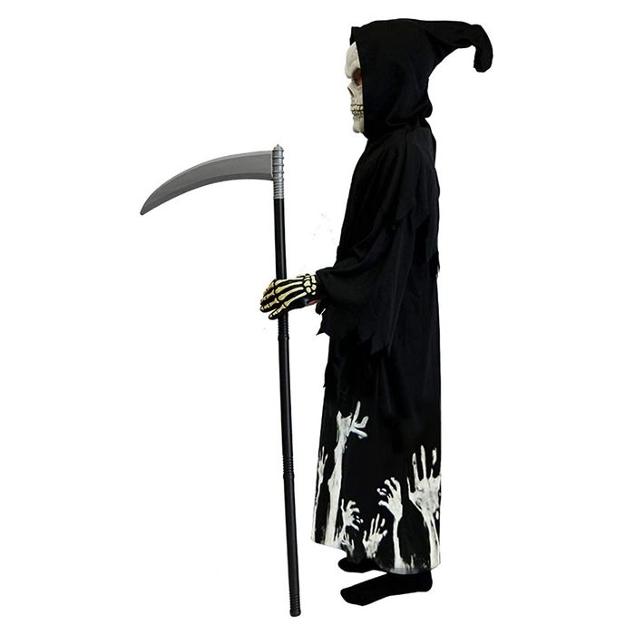 A skeleton figure in a black, tattered robe holds a scythe. The base features white skeletal hands, set against a plain background.