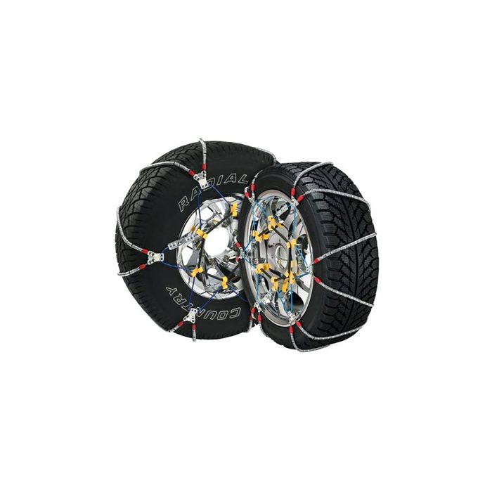 Two tires are displayed, each fitted with chains. They are positioned close together against a plain white background, emphasizing their features and accessories.