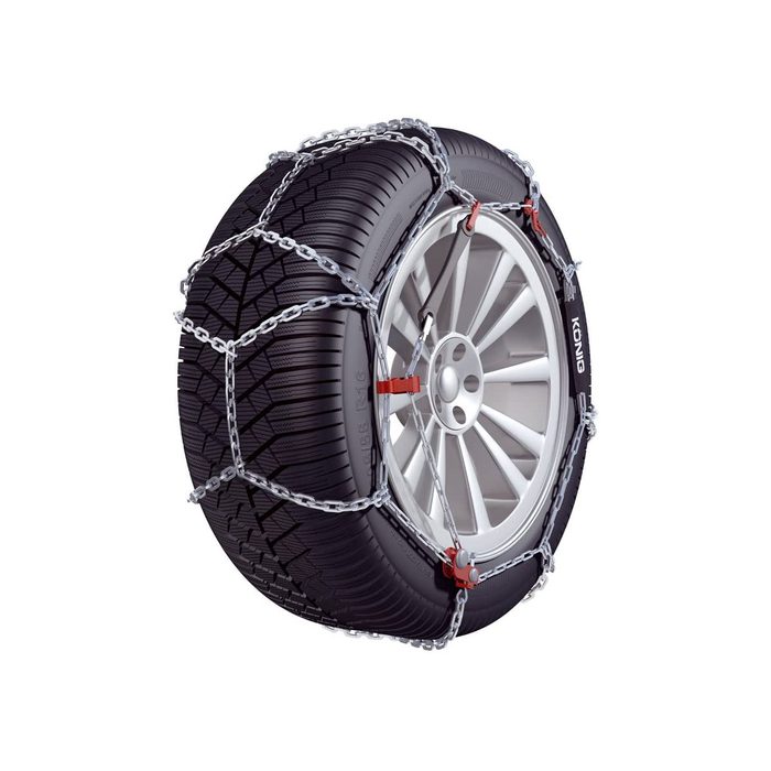 A tire with metal chains wrapped around it sits against a white background, designed for improved traction on ice or snow.