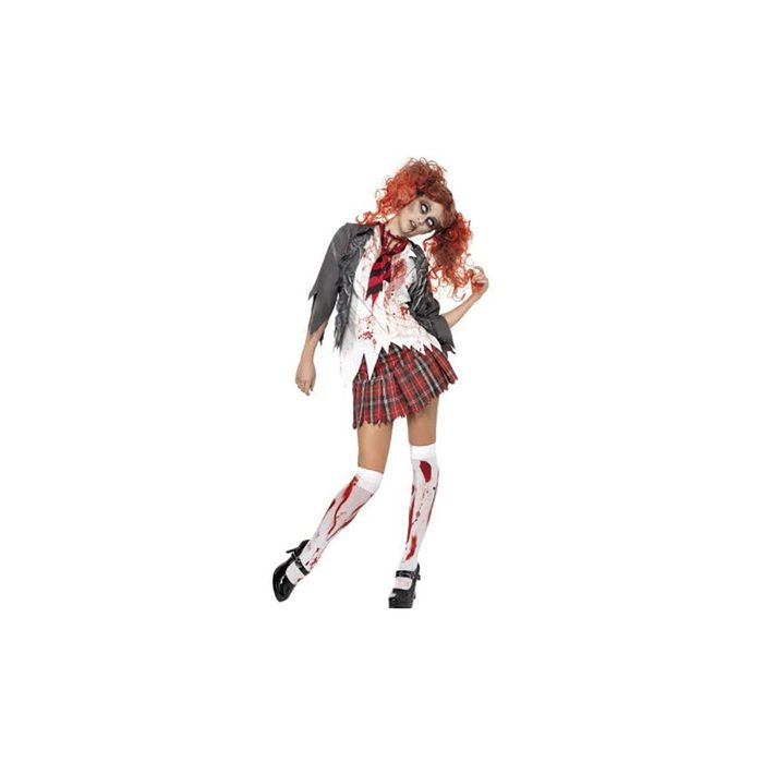 A person in a torn plaid skirt and a tattered jacket poses with a playful expression, resembling a playful, bloody zombie character, against a plain background.