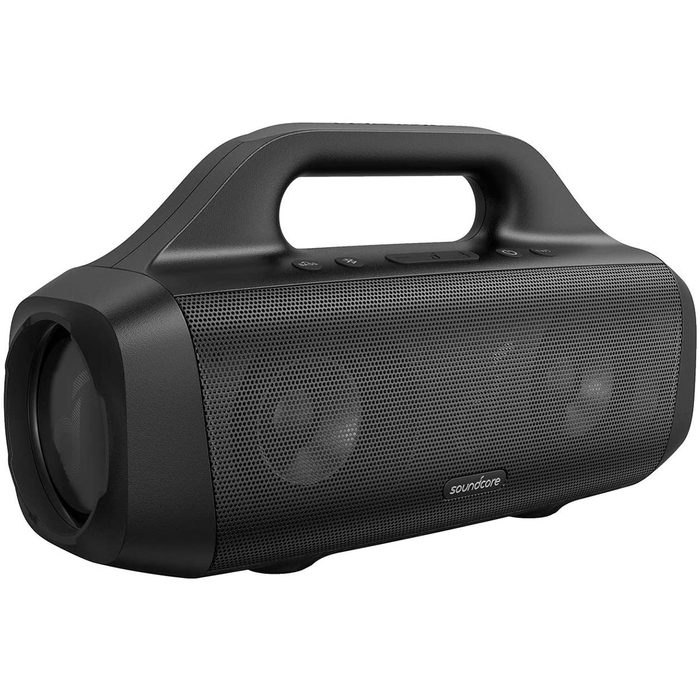 A black portable speaker rests on a surface, emitting sound while showcasing control buttons and a handle for easy transport in various environments.