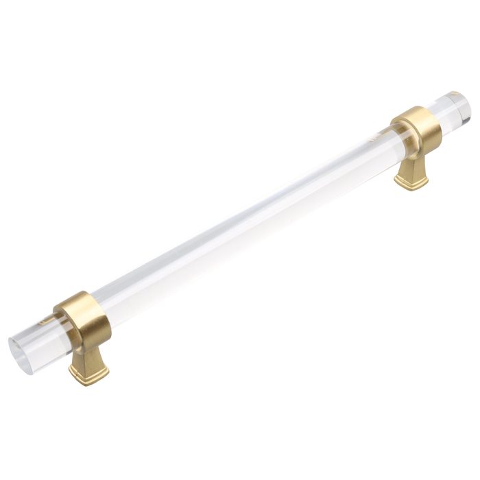 A clear cylindrical rod is held in place by two gold-colored supports, creating a sleek, modern display against a white background.