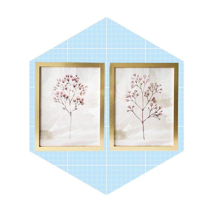 Two framed botanical illustrations display delicate pink branches against a soft background, set within a light blue, patterned context resembling a room's wall.