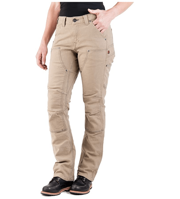 Beige work pants are worn by a person standing with one hand in a pocket, showcasing a practical design suitable for labor or outdoor activities.