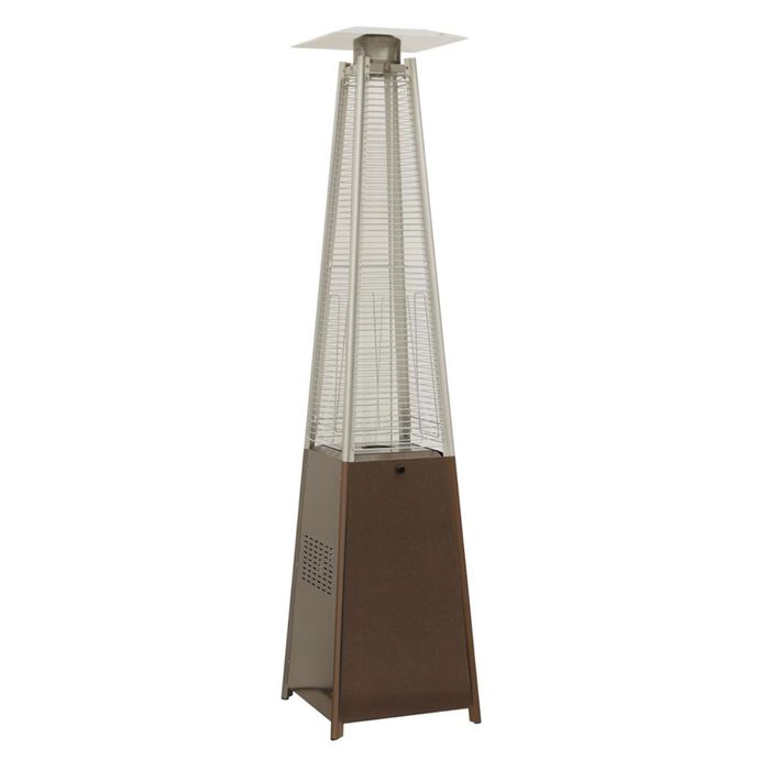 A tall, pyramid-shaped outdoor heater emits warmth, standing on a flat surface, designed for heating outdoor spaces during cooler weather.