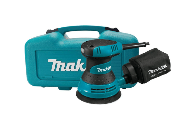 A circular sander with a dust bag is placed beside a blue carrying case, designed for storage and transport, featuring the brand name prominently displayed.