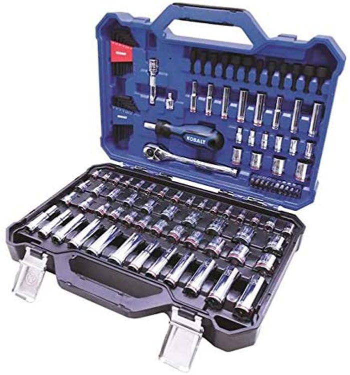 A tool set is open, displaying multiple socket pieces and a ratchet. It's organized neatly within a blue plastic case, suitable for mechanical tasks.