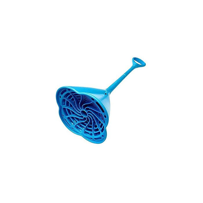 A blue plunger with a spiral, rubberized base rests upright, designed for unclogging drains in bathrooms or kitchens.