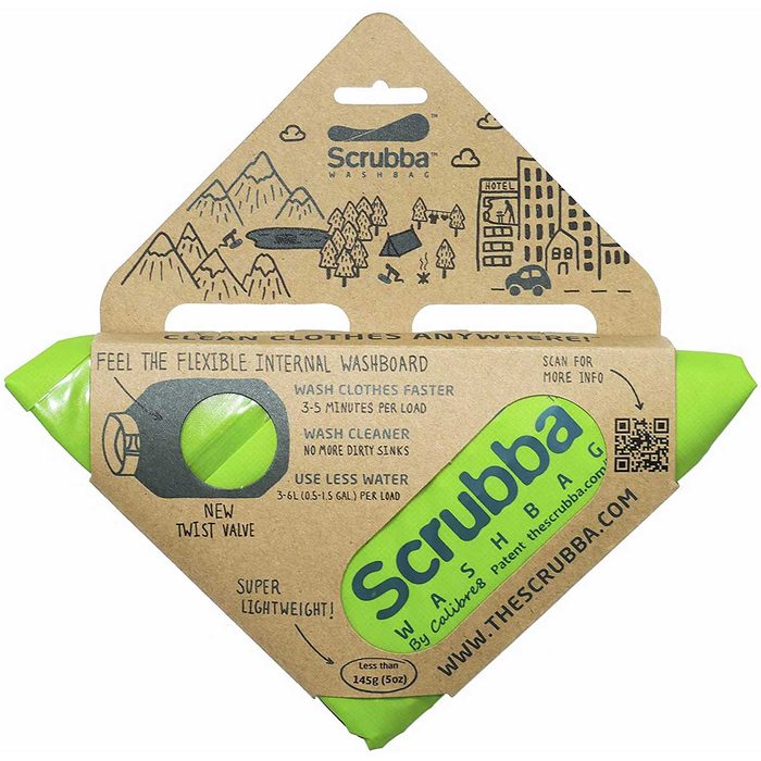 A green washbag features a flexible internal washboard, designed to clean clothes quickly. Instructions highlight its lightweight design and efficient water use.