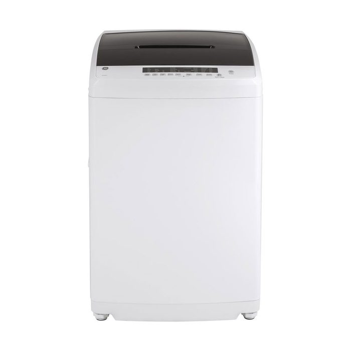 A top-loading washing machine is displayed, featuring a black lid and a control panel. It's positioned against a plain white background, suggesting a modern appliance setting.