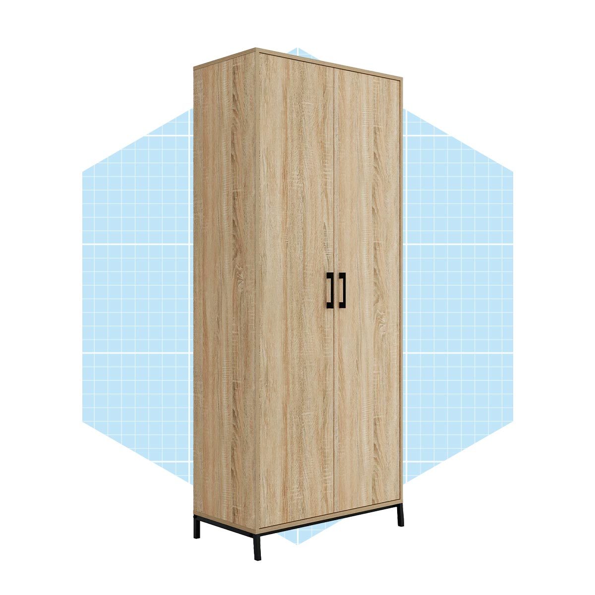 A wooden wardrobe with a light finish stands upright, featuring black handles and a sleek design, set against a blue grid-patterned background.