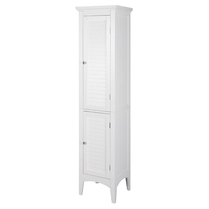 A tall, white cabinet stands upright, featuring two sets of shuttered doors, suitable for storage in a bright or modern interior setting.