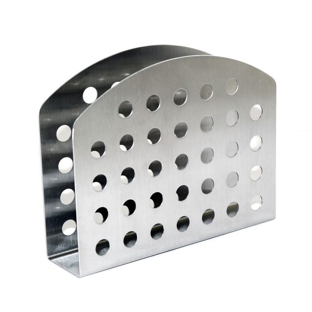 A stainless steel file organizer holds papers upright, featuring a perforated design. It rests on a plain white surface, emphasizing its metallic finish.