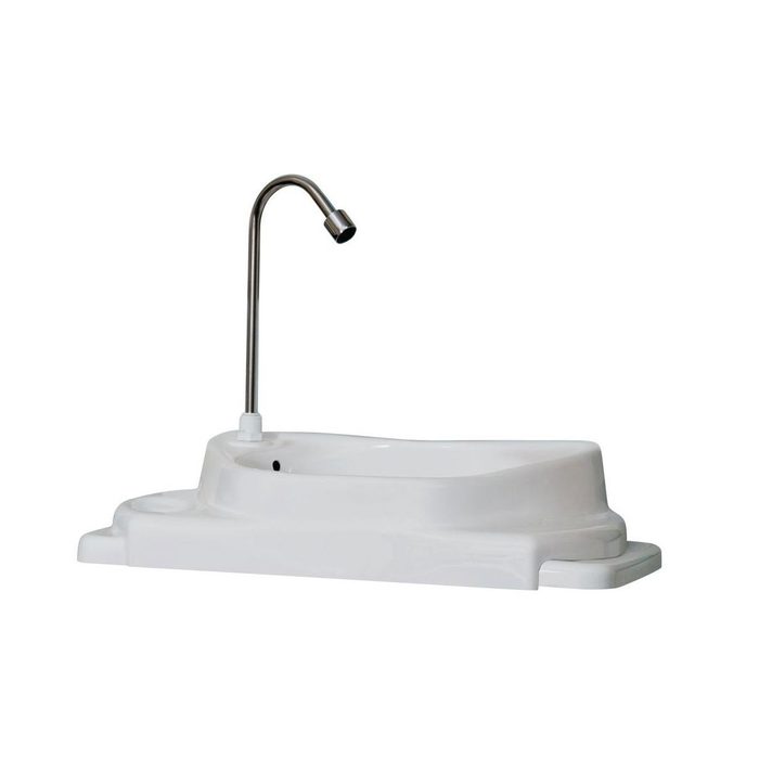 A white basin with a curved shape features a metal faucet extending upward. It likely serves a washing function, placed against a plain background.