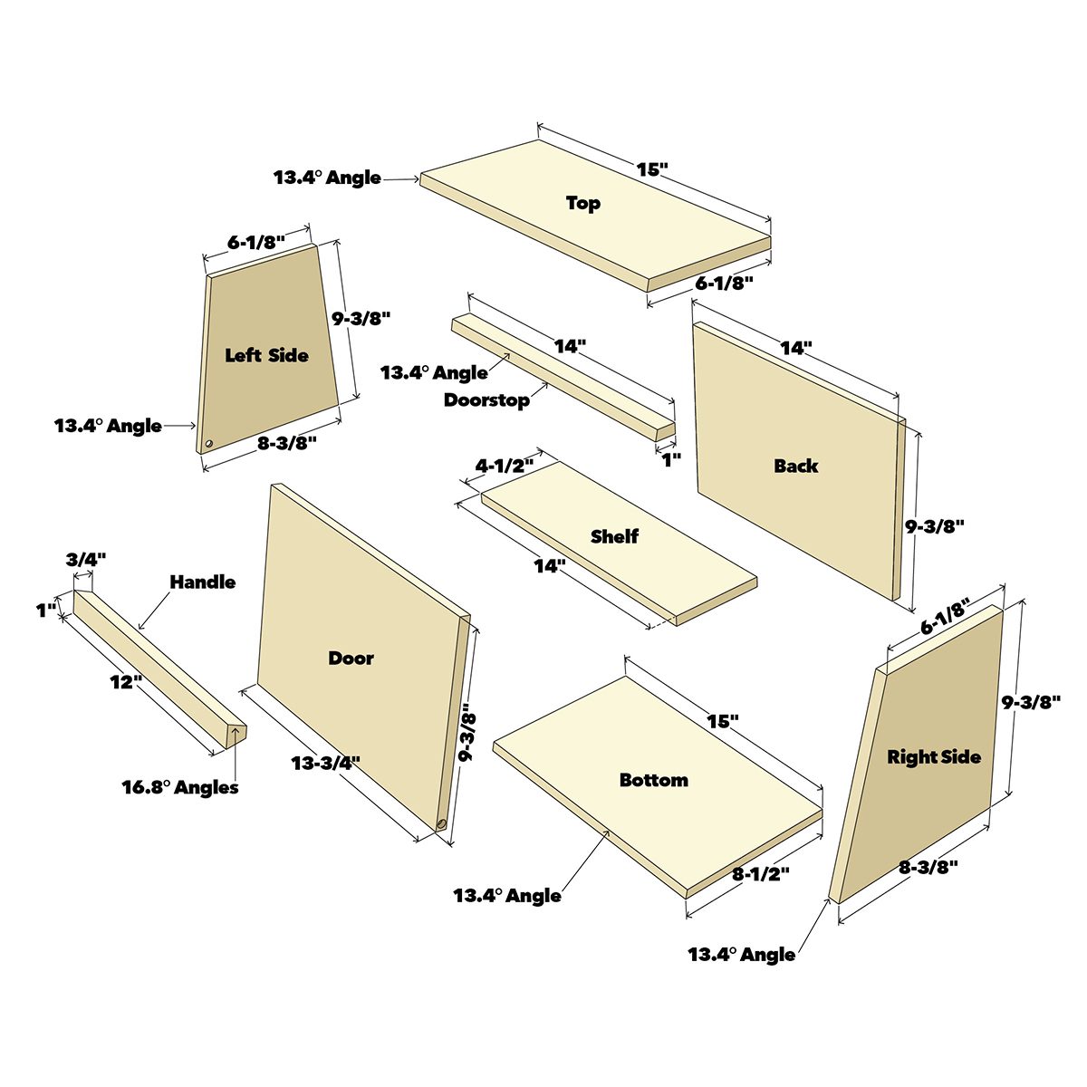 A disassembled furniture piece displays labeled parts, including the top, sides, and door, with dimensions and angles indicated, suggesting assembly instructions.