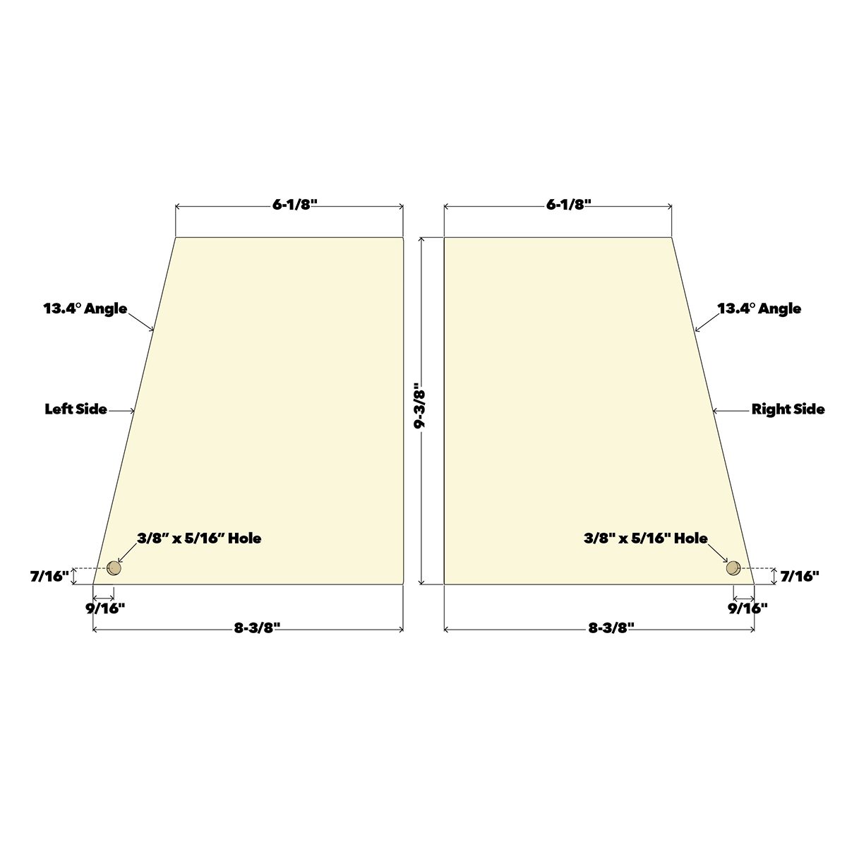 Two angled panels are displayed, each labeled with measurements, angles, and hole specifications, suggesting a construction or woodworking context.