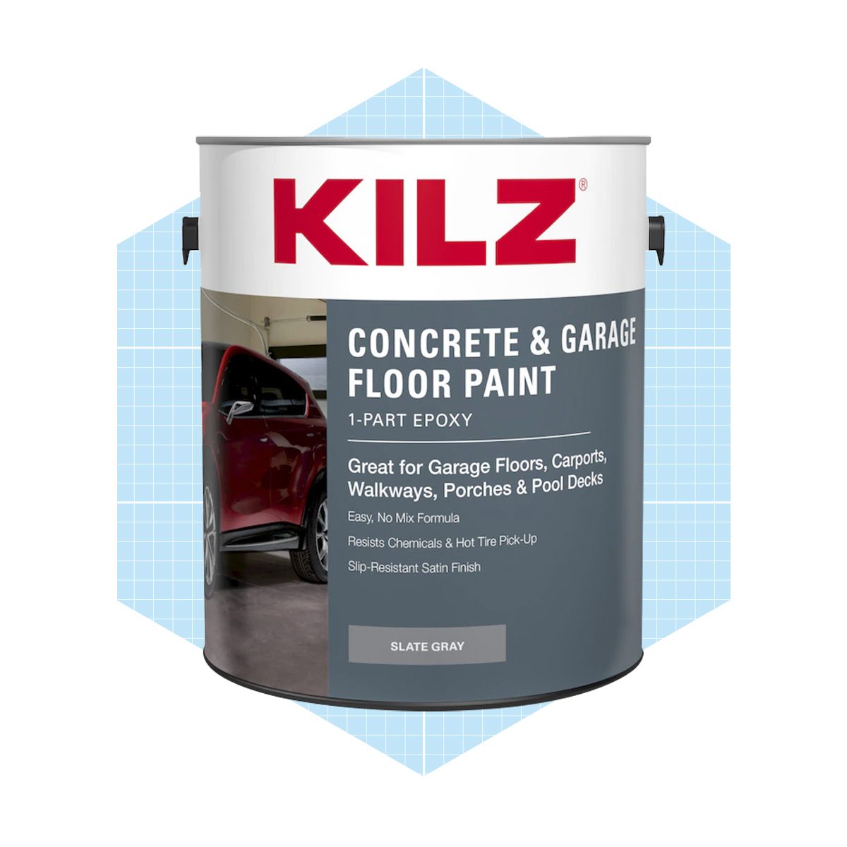 A paint can labeled "Concrete & Garage Floor Paint" is displayed, emphasizing its slate gray color and suitability for various surfaces in garages and outdoor areas.