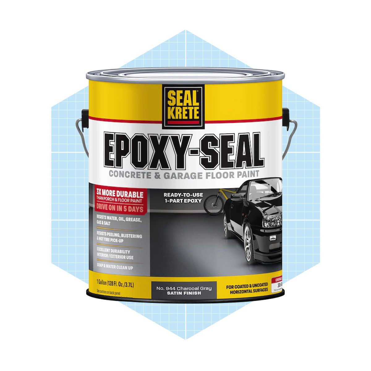A paint can labeled "Epoxy-Seal" sits upright, indicating it's a durable floor paint for concrete and garages, with a black car illustrated nearby.