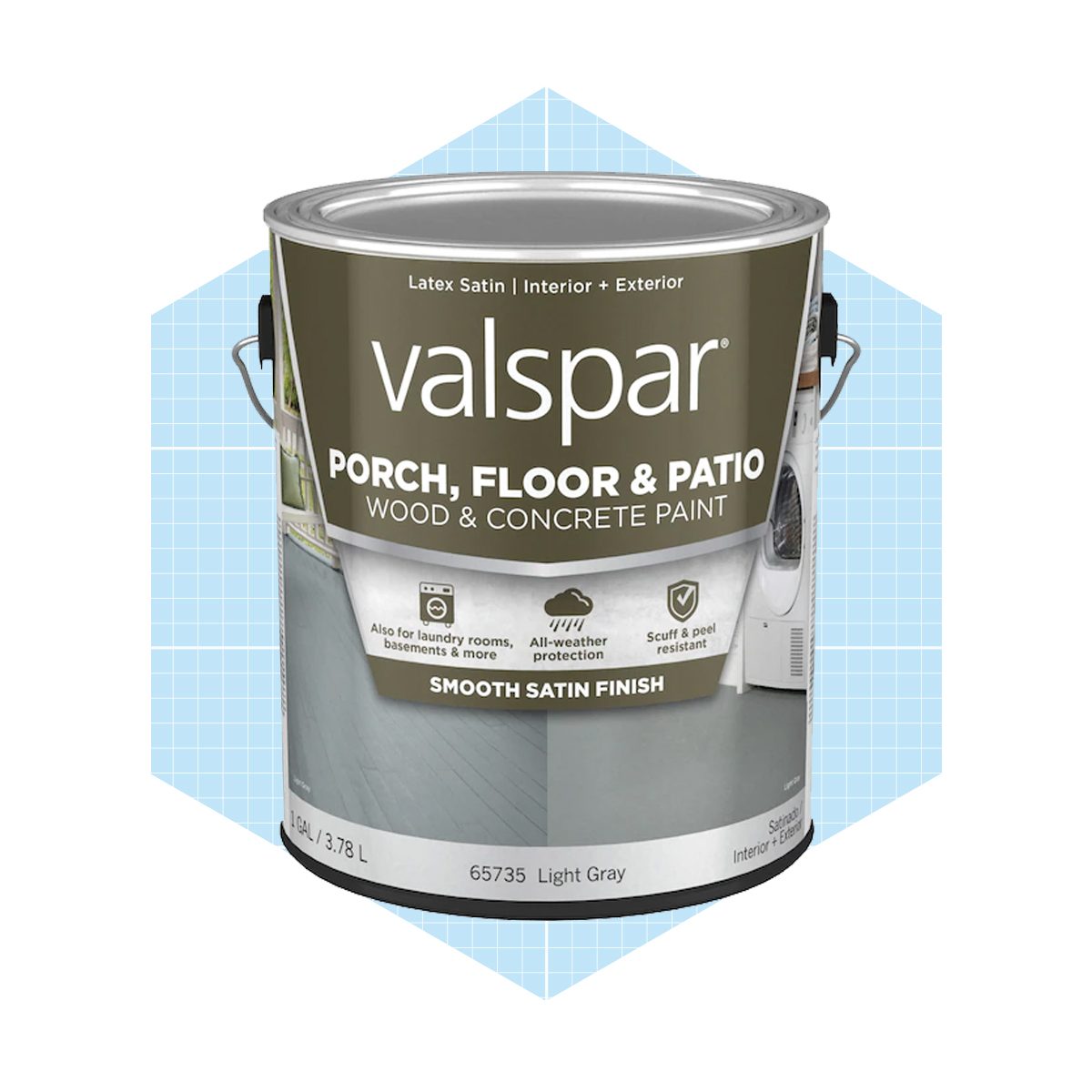 A paint can labeled "Valspar Porch, Floor & Patio" with a smooth satin finish, resting against a light blue geometric background.