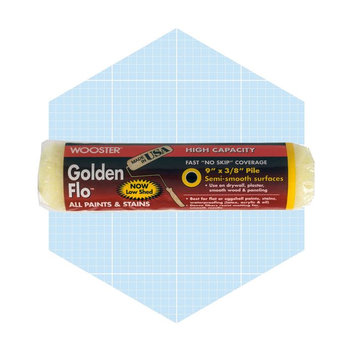 A paint roller is displayed, labeled for use on semi-smooth surfaces, emphasizing low shedding and fast coverage. It's set against a light blue grid background.