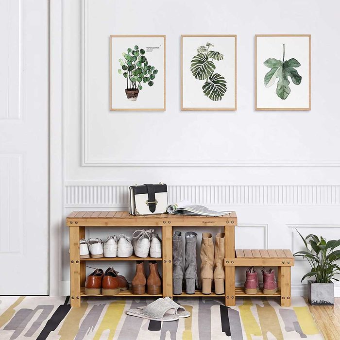 A wooden shoe bench holds various types of shoes. Above it, three framed plant illustrations adorn a light wall. A small plant rests beside the bench.