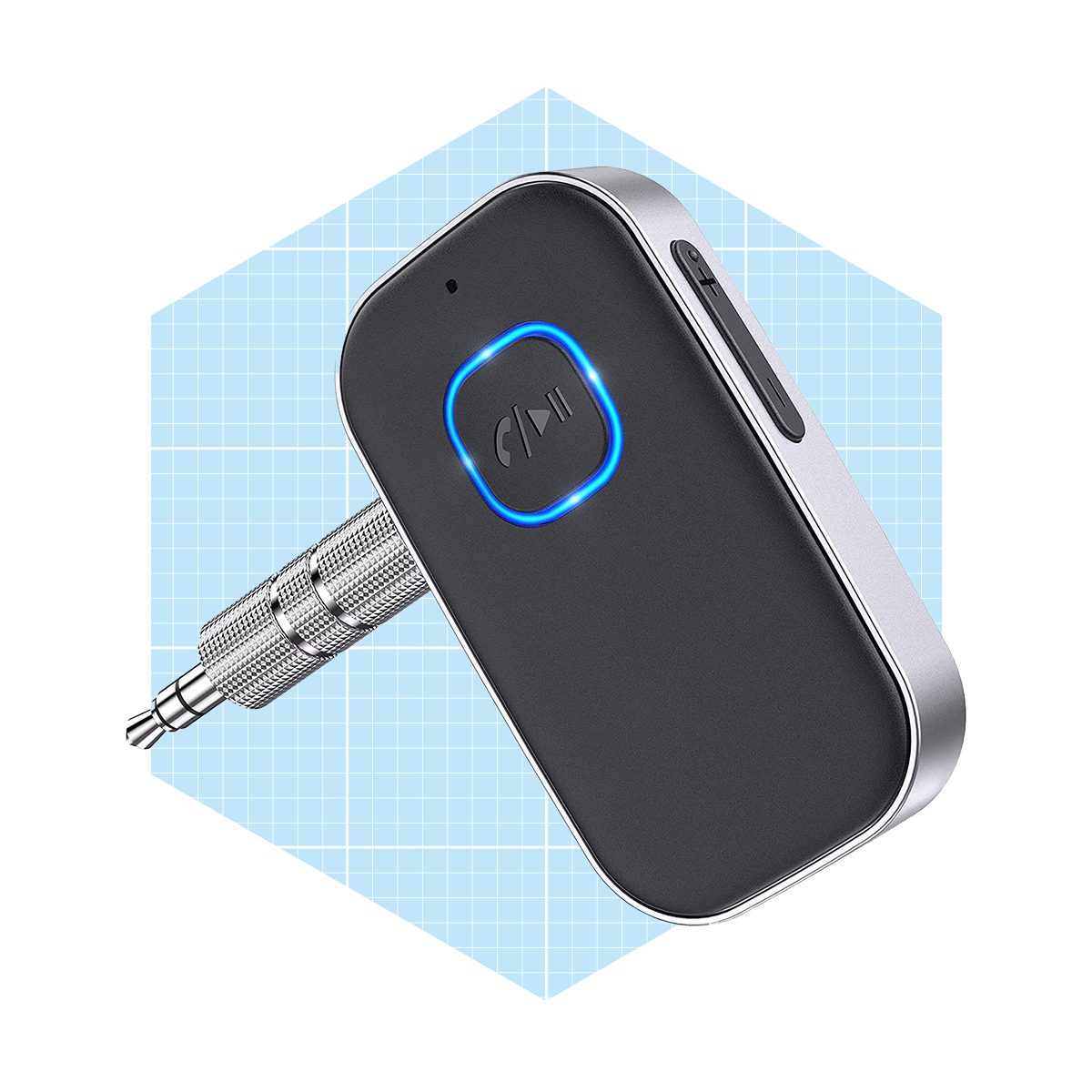 A compact audio adapter connects to a device, featuring a blue LED indicator and buttons, set against a light blue grid background.