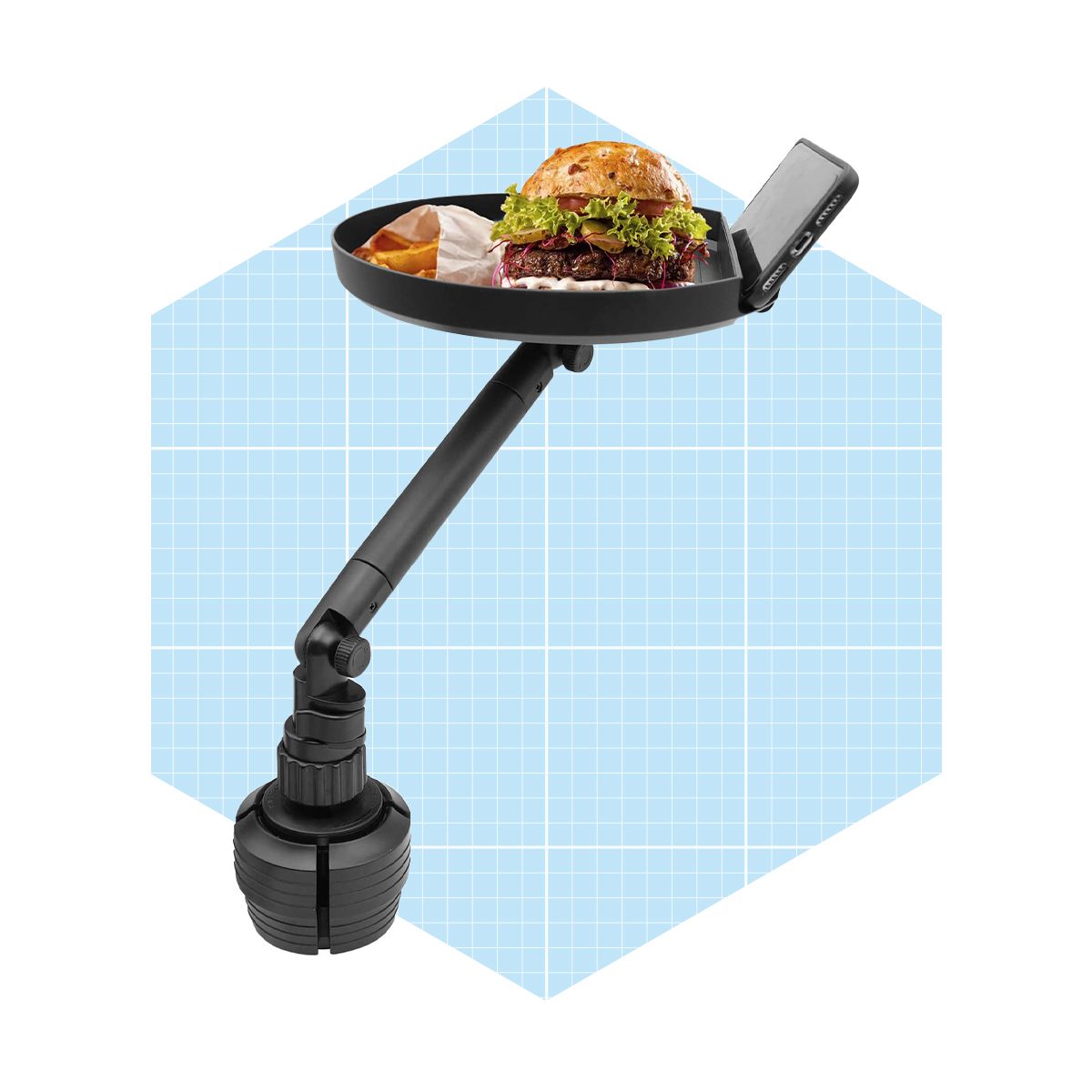 A black food tray holds a burger and fries, attached to a flexible arm and base, set against a light blue grid background.