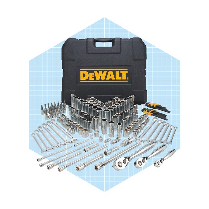 A black tool case is open, surrounded by various metallic sockets and wrenches, all organized neatly on a blue grid background.