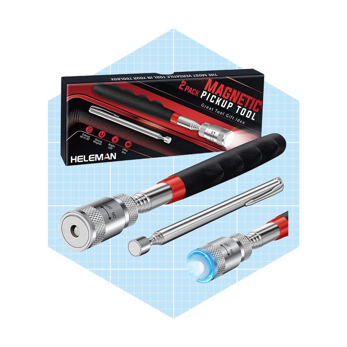 Two magnetic pickup tools are displayed alongside their packaging, showcasing their features against a light blue grid background. The tools are designed for retrieving small metal objects.